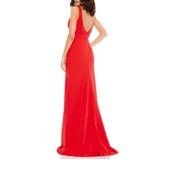 NWT $298 MAC DUGGAL RED V NECK BOW SHOULDER MERMAID GOWN STYLE 49454 SIZE 8 - Picture 2 of 8
